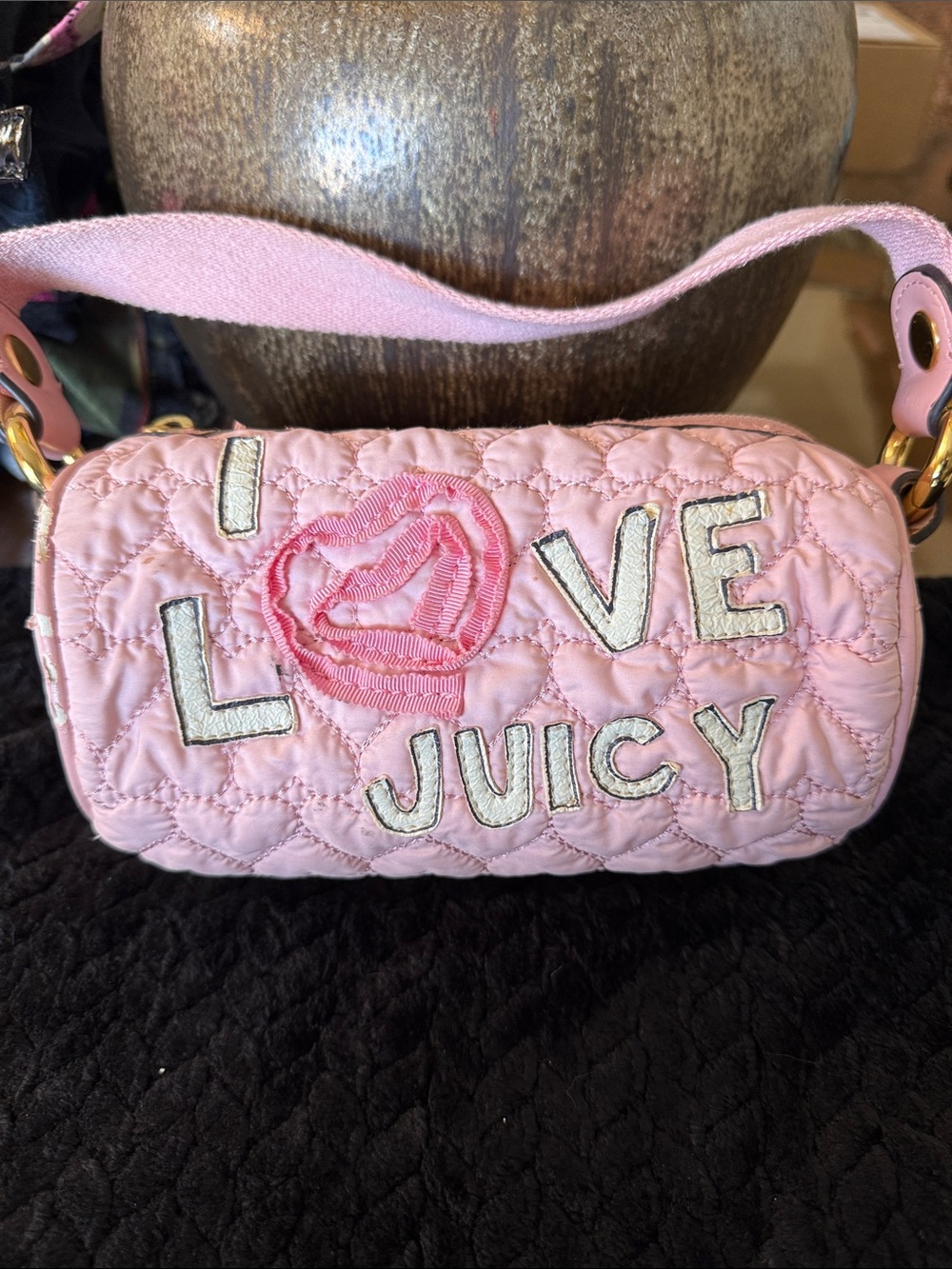 Juicy Couture Light Pink Quilted Barrel Bag with Lip Appliqué